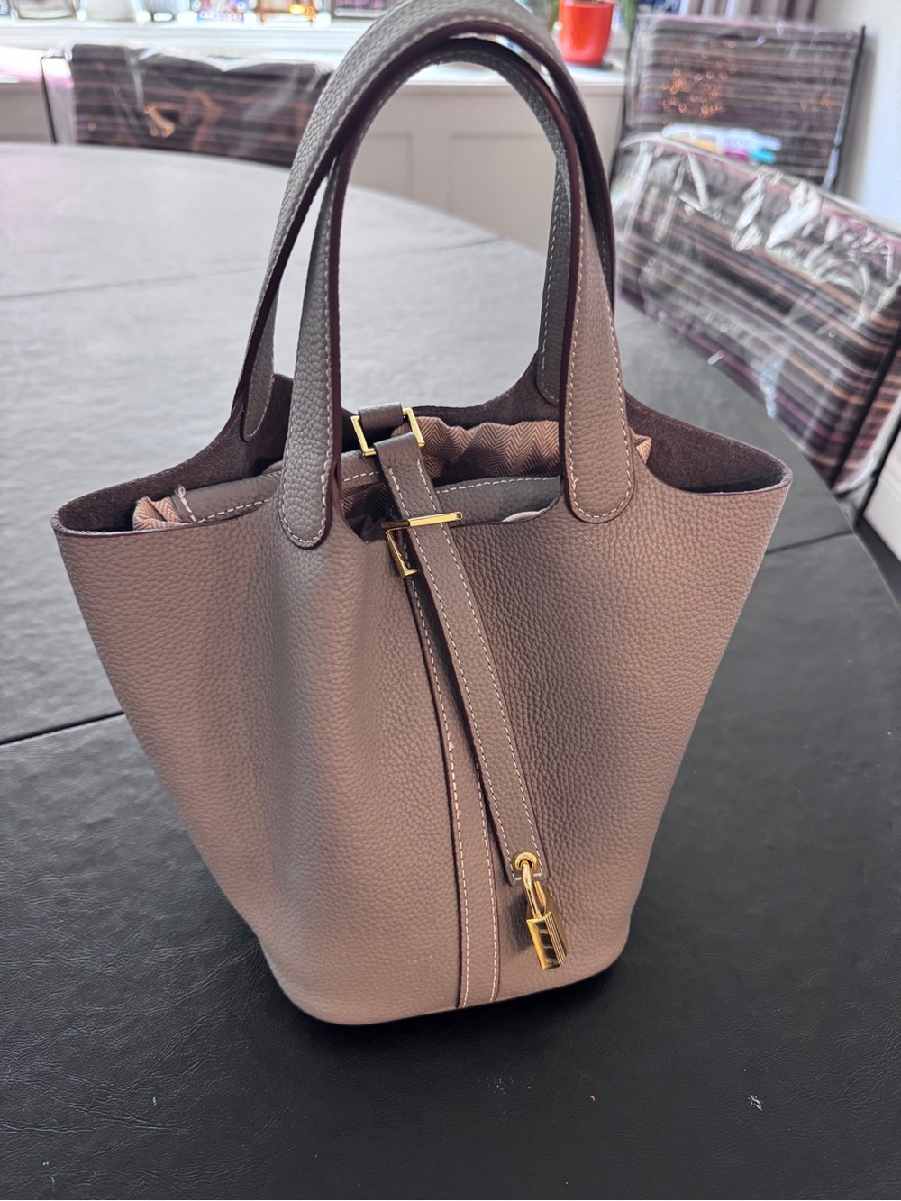 Grey Pebbled Leather Bag with Gold Hardware